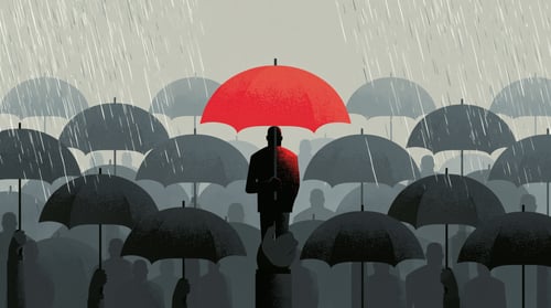 Leader holding an umbrella in the rain and employees following